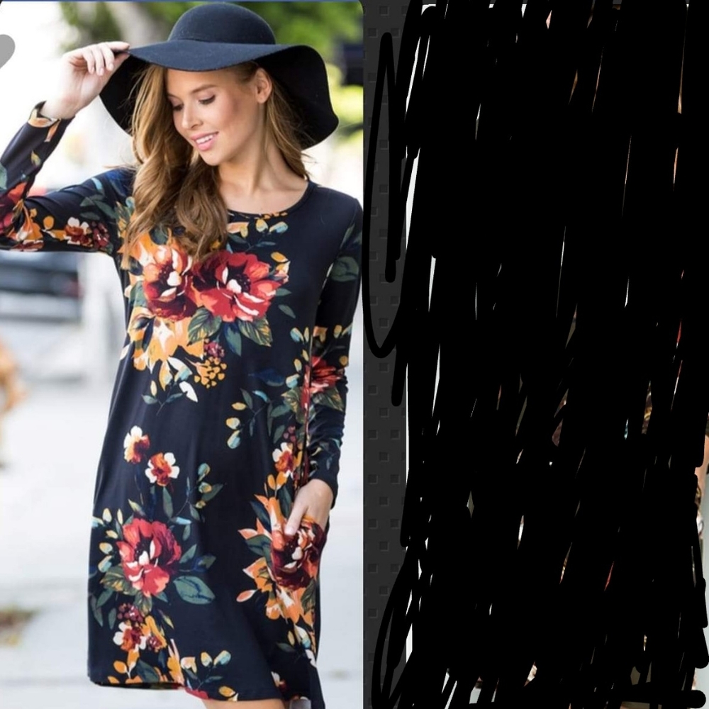 Boutique black floral dress with pockets